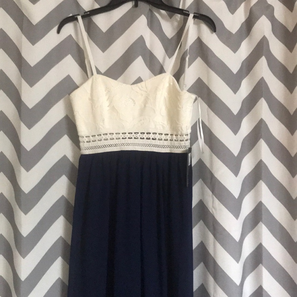 Navy and white maxi dress.